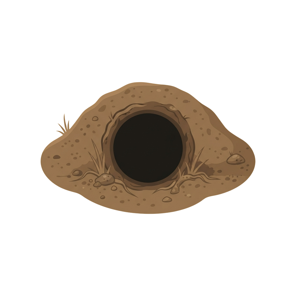A cartoon mole hill with a round tunnel entrance and small plants growing around it