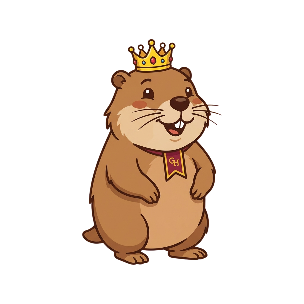 A smiling cartoon beaver wearing a crown and a badge with letters on it, standing upright with arms crossed