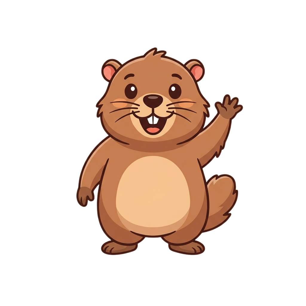 A smiling cartoon beaver waving with one paw against a black background