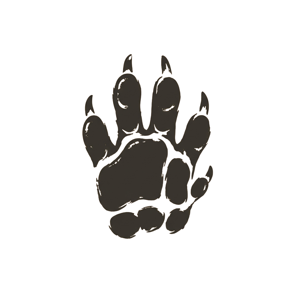 A shadowy silhouette of a paw print with five distinct toes and claw marks.