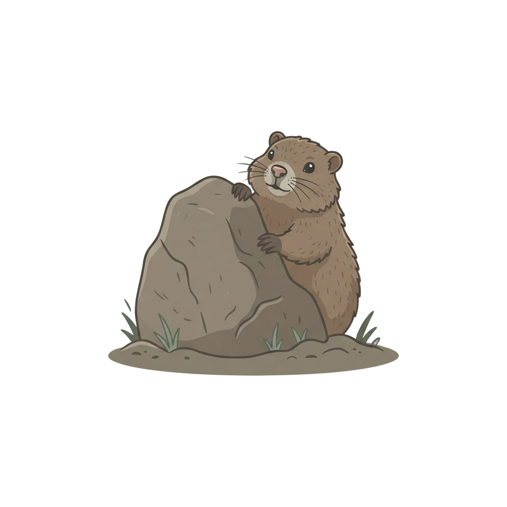 Illustration of a groundhog standing on its hind legs next to a large rock
