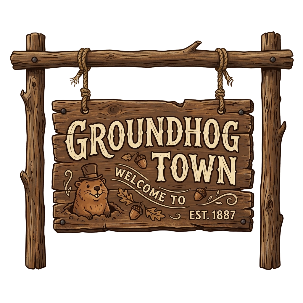 Illustration of a wooden sign reading Groundhog Town Welcome To Est 1887 with a cartoon groundhog in a top hat