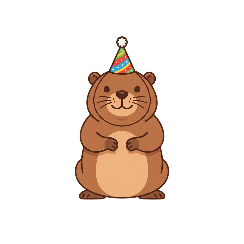 A smiling cartoon groundhog wearing a colorful party hat with a flower on top