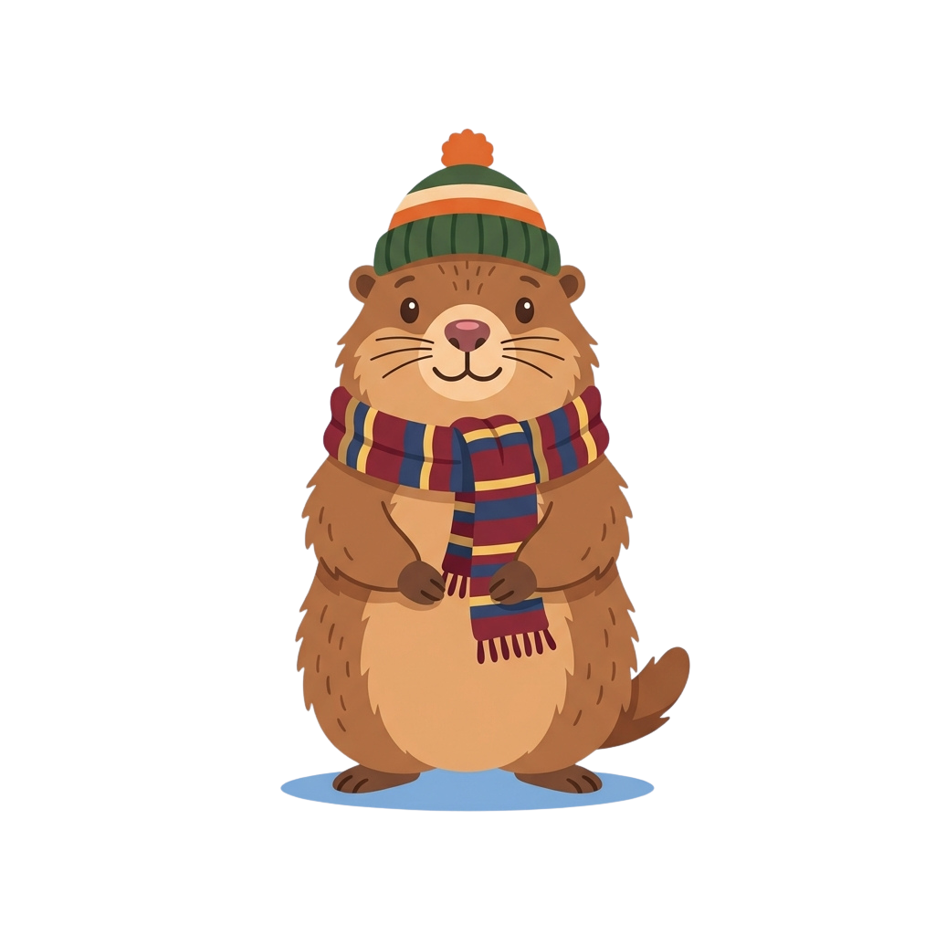 A cheerful cartoon otter standing on a small ice patch, wearing a striped knit hat and colorful scarf
