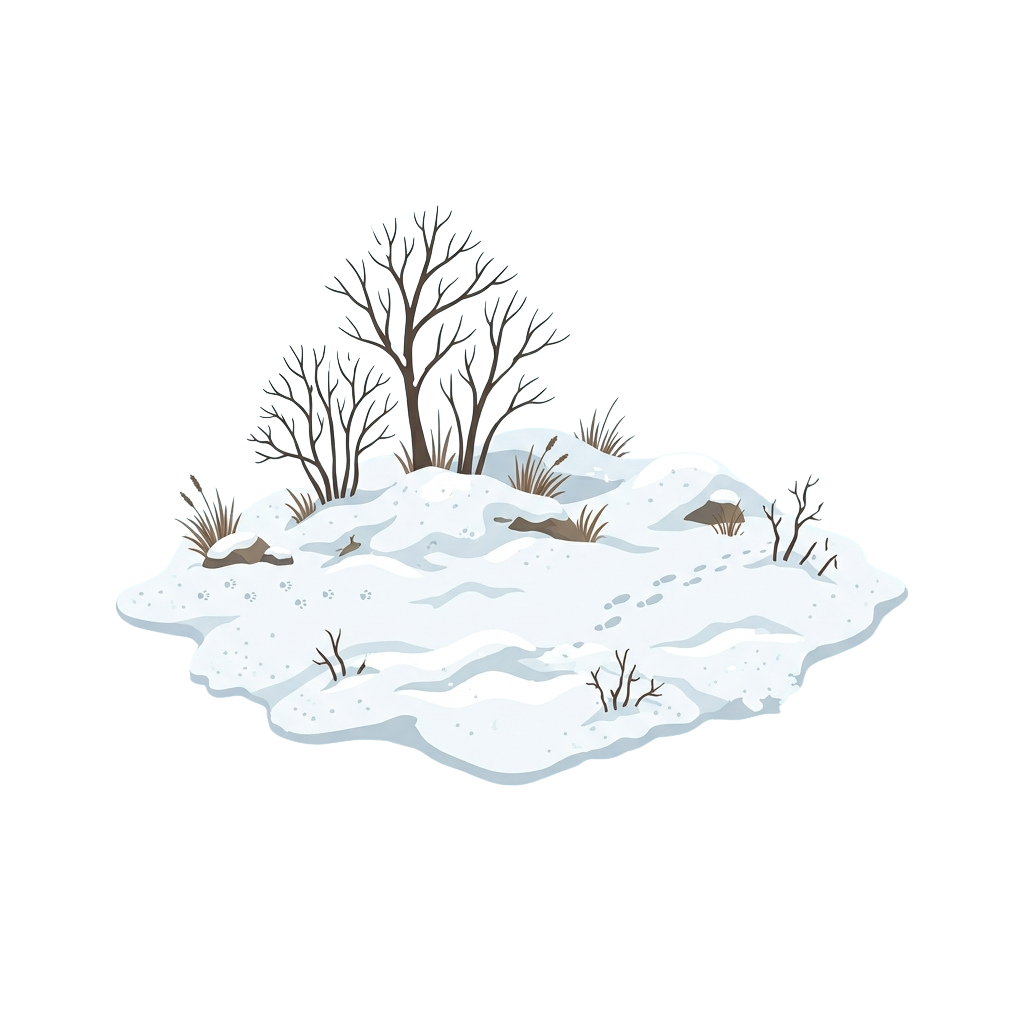 A stylized illustration of a snow-covered island with bare trees and small footprints in the snow
