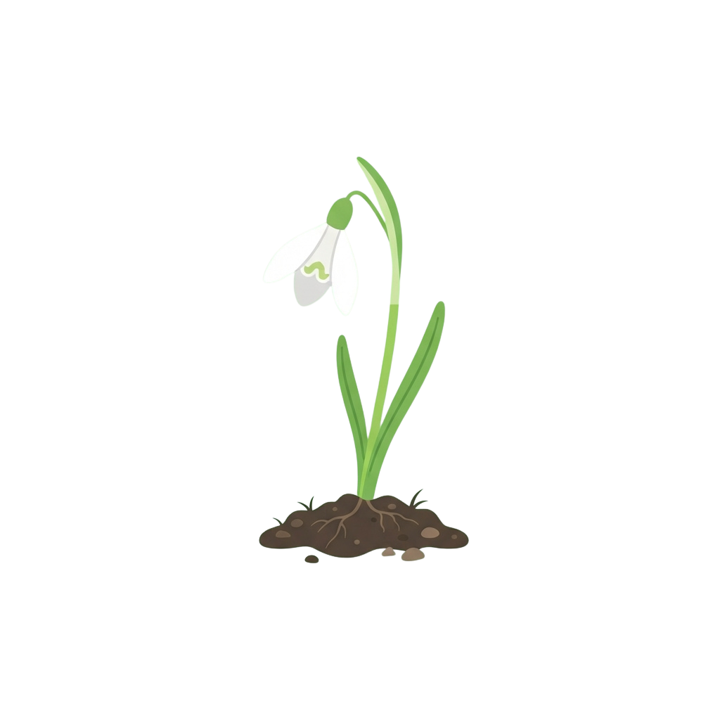 Illustration of a single snowdrop flower with green stem and leaves growing from dark soil