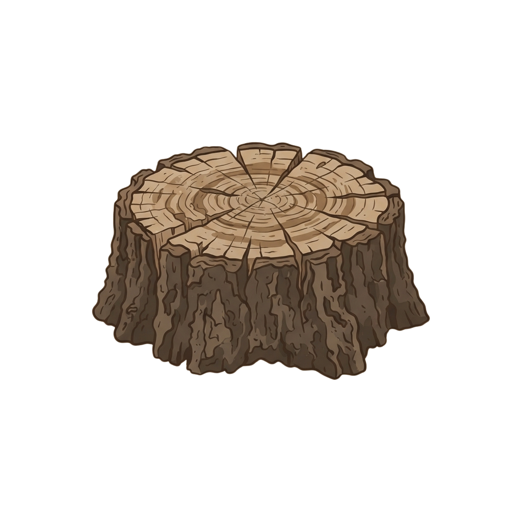 A stylized illustration of a tree stump showing concentric growth rings and rough bark texture
