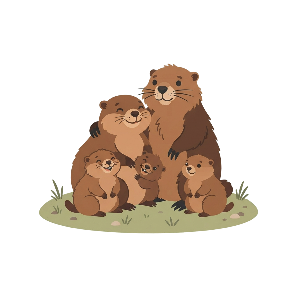 Four otters sitting closely together on a patch of grass, forming a family group.