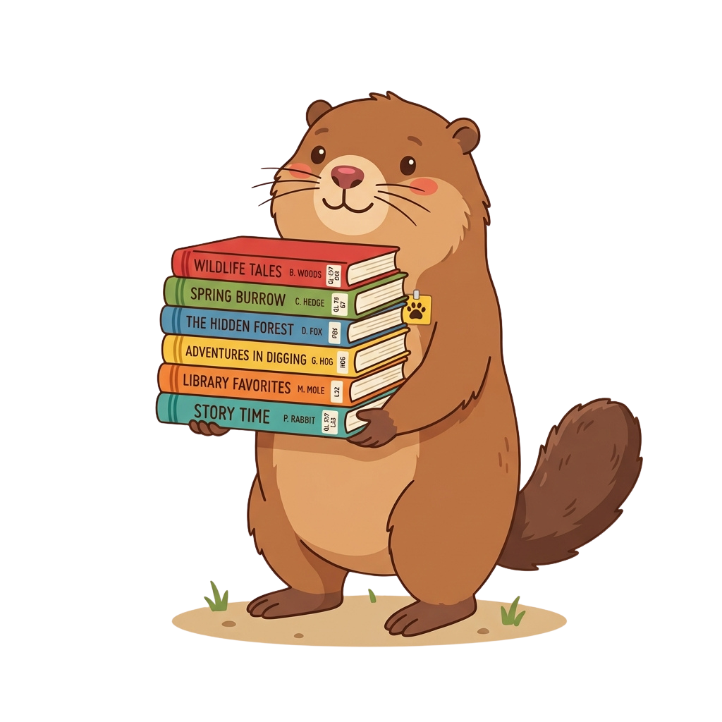 A cheerful cartoon beaver holding a stack of colorful books with titles.