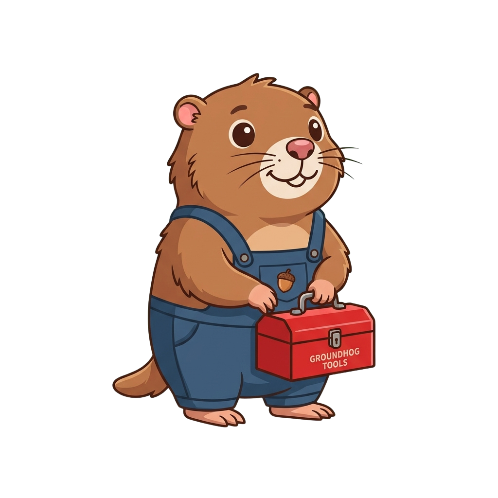 A smiling cartoon groundhog wearing overalls holds a red toolbox labeled Groundhog Tools