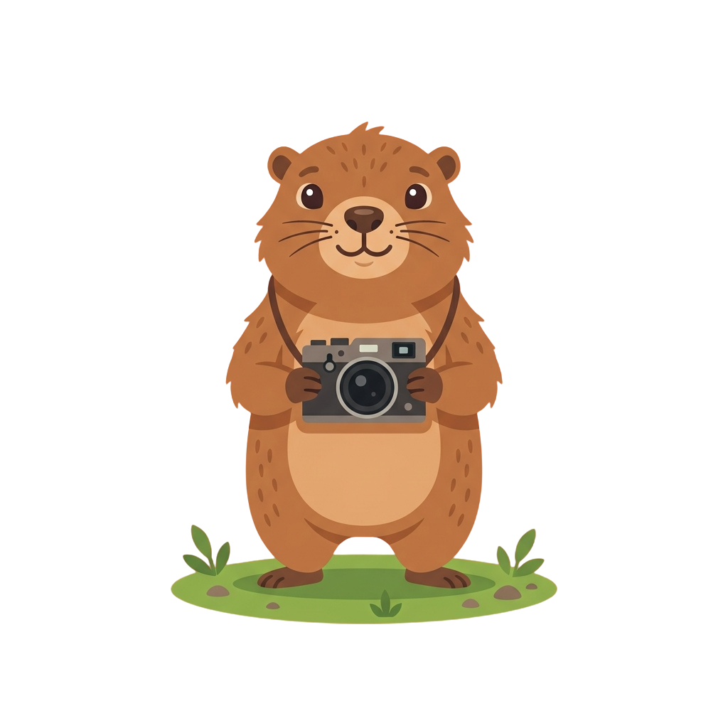A smiling cartoon groundhog holding a camera with a green grass patch beneath its feet