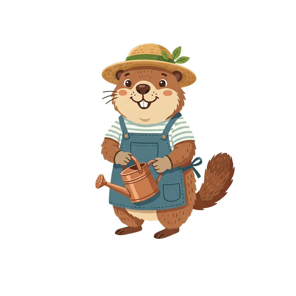 A cheerful cartoon beaver wearing overalls and a hat, holding a small watering can.