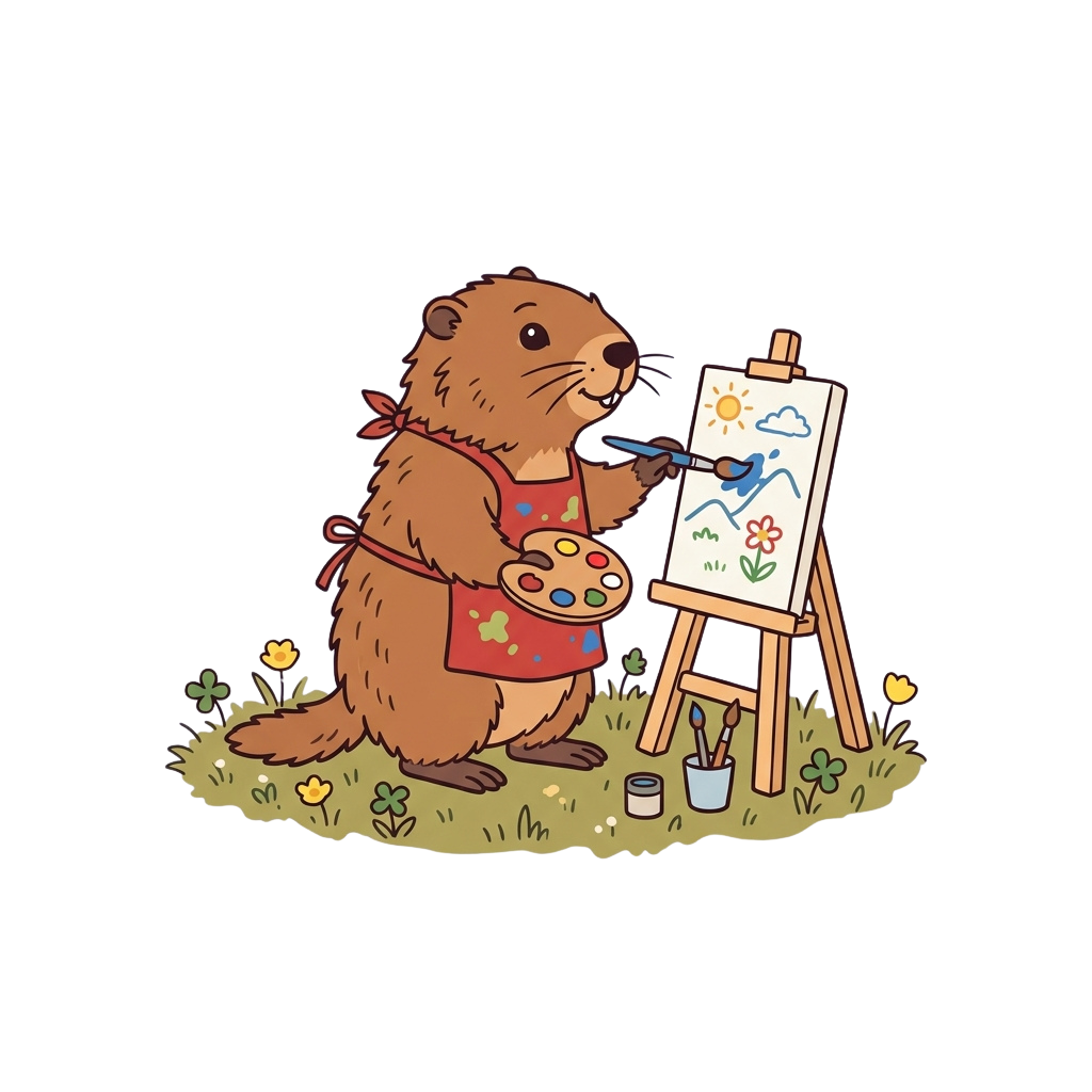A cheerful beaver wearing an apron paints a bright landscape on an easel with flowers and a sun.