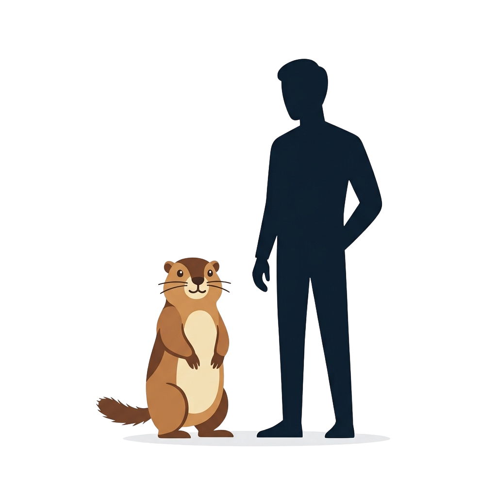 Illustration of a groundhog standing next to a human silhouette for size comparison