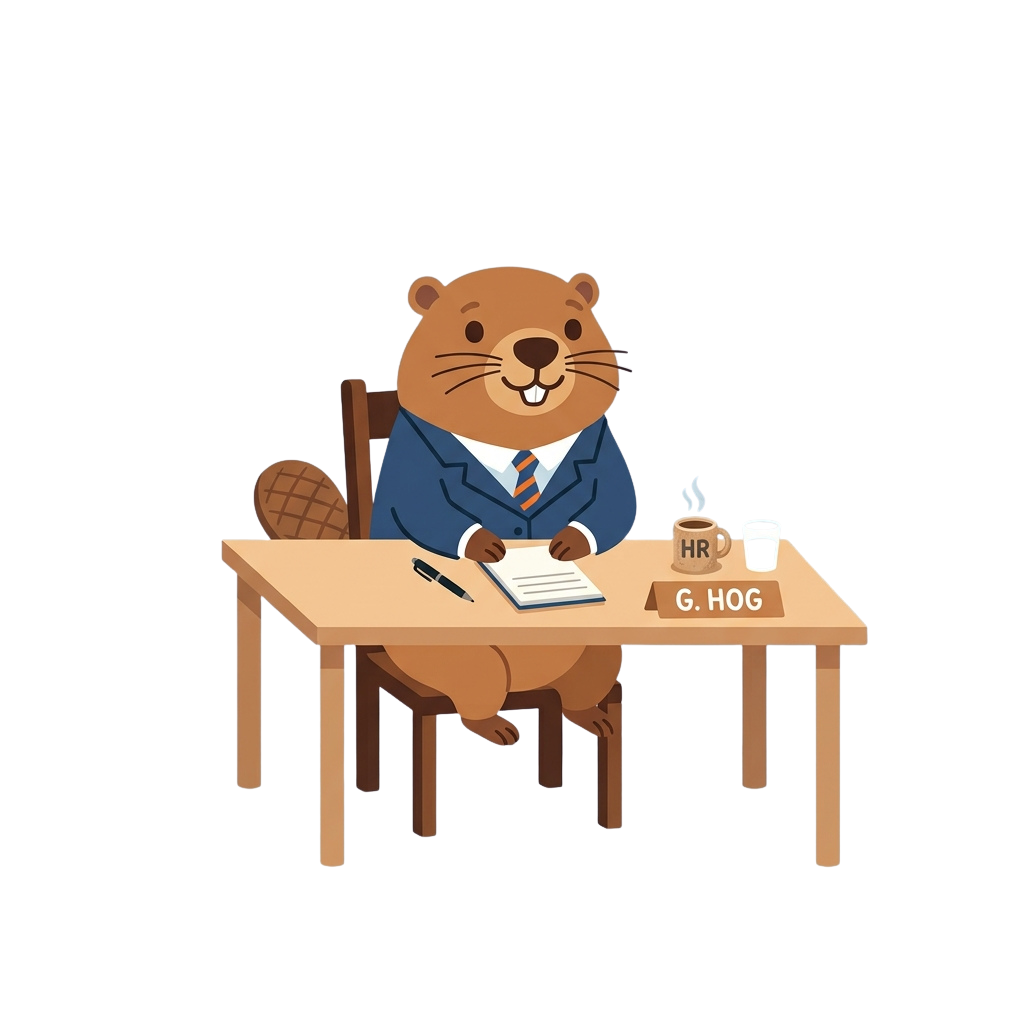 A smiling beaver in a suit sitting at a desk writing on paper with a nameplate reading G Hog