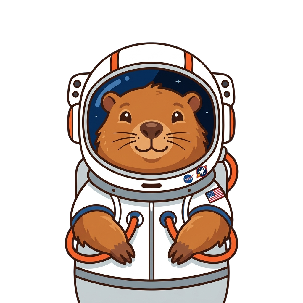 A smiling cartoon beaver wearing a white astronaut suit with an American flag patch and NASA logo