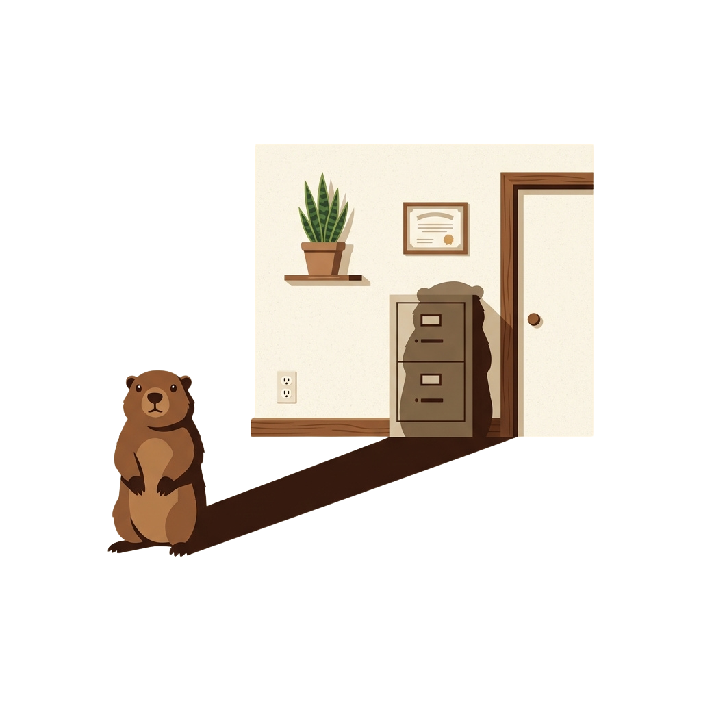 A cartoon groundhog standing in front of an office doorway with filing cabinet and plant inside