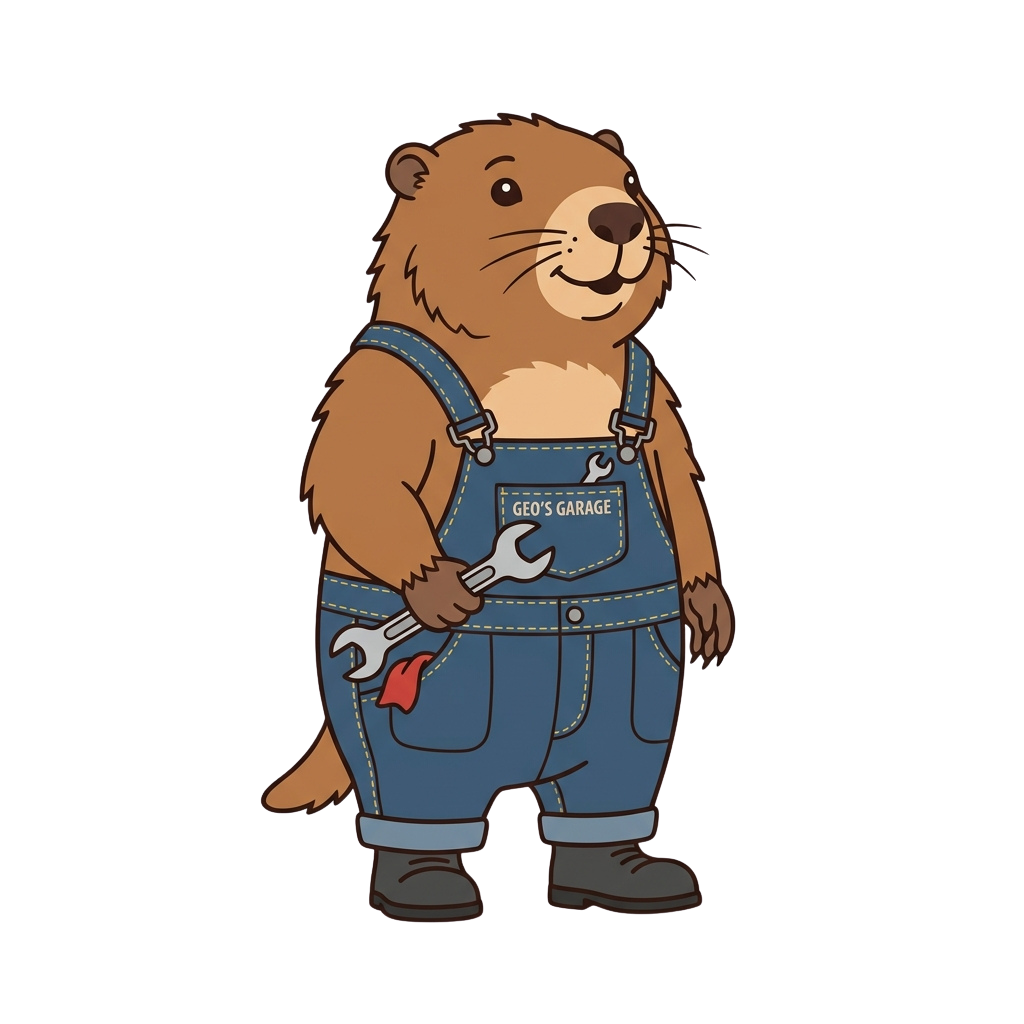 A smiling cartoon beaver in blue overalls holding a wrench, representing a garage or repair theme