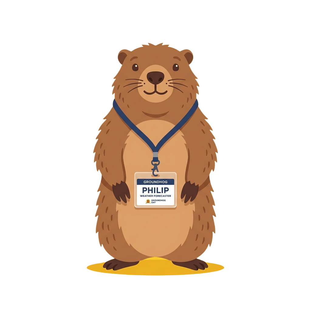 Cartoon groundhog wearing a lanyard with a name tag reading Philip Weather Forecaster