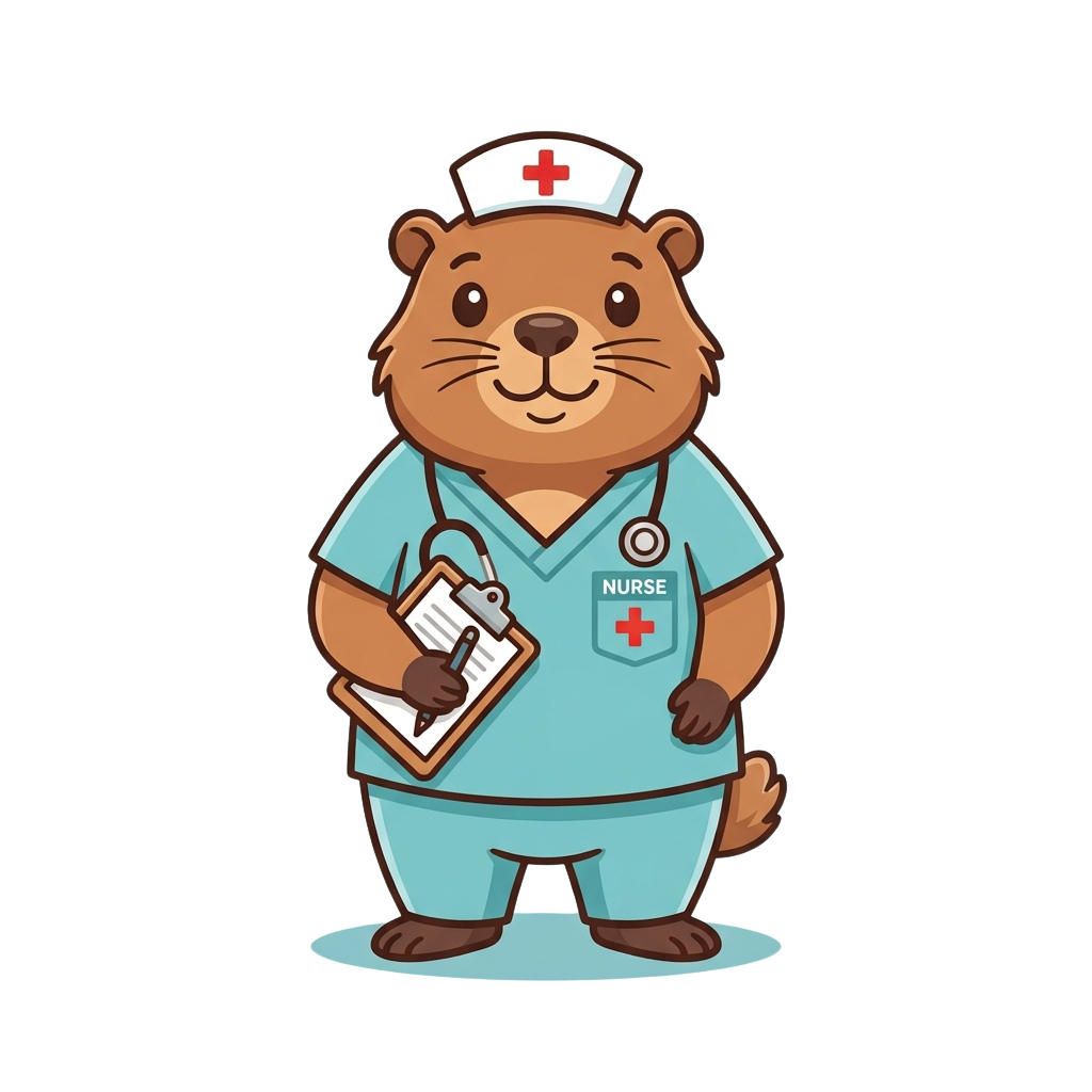 A smiling cartoon otter dressed as a nurse holding a clipboard and stethoscope