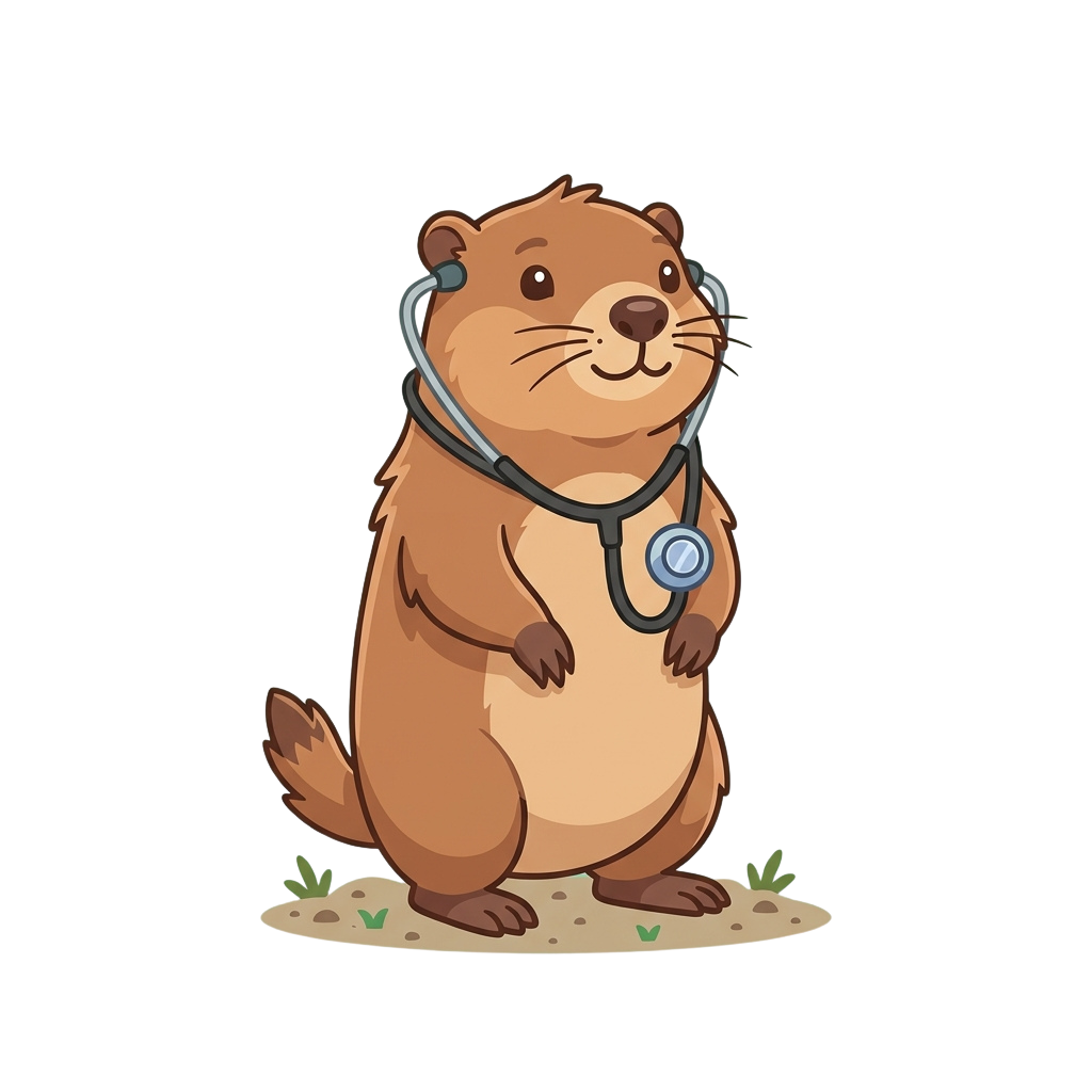 A smiling cartoon otter wearing a doctor’s stethoscope and holding it around its neck