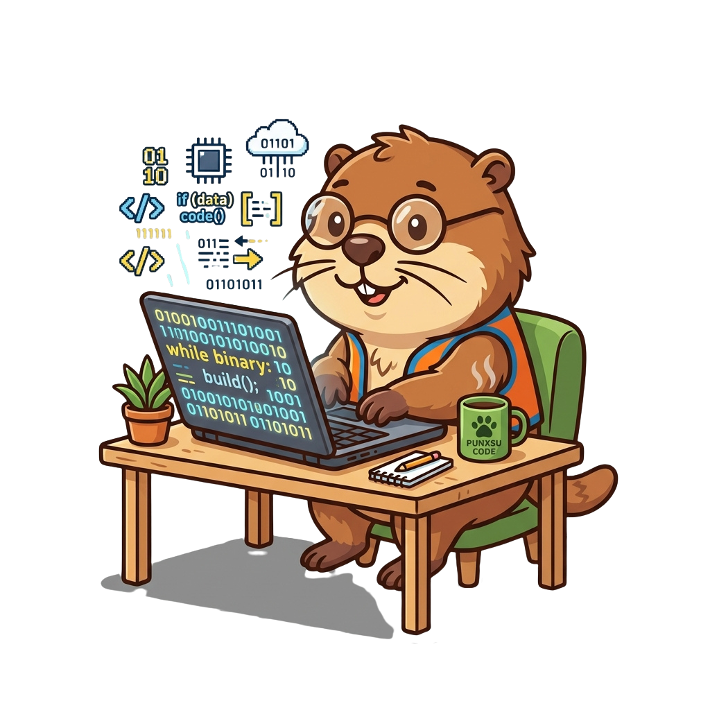 A smiling cartoon squirrel wearing glasses and an apron, typing on a laptop with code on screen.