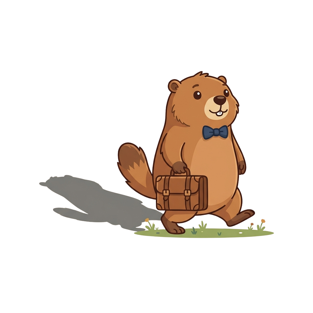 A cheerful cartoon beaver wearing a bowtie and holding a small suitcase on a patch of grass.