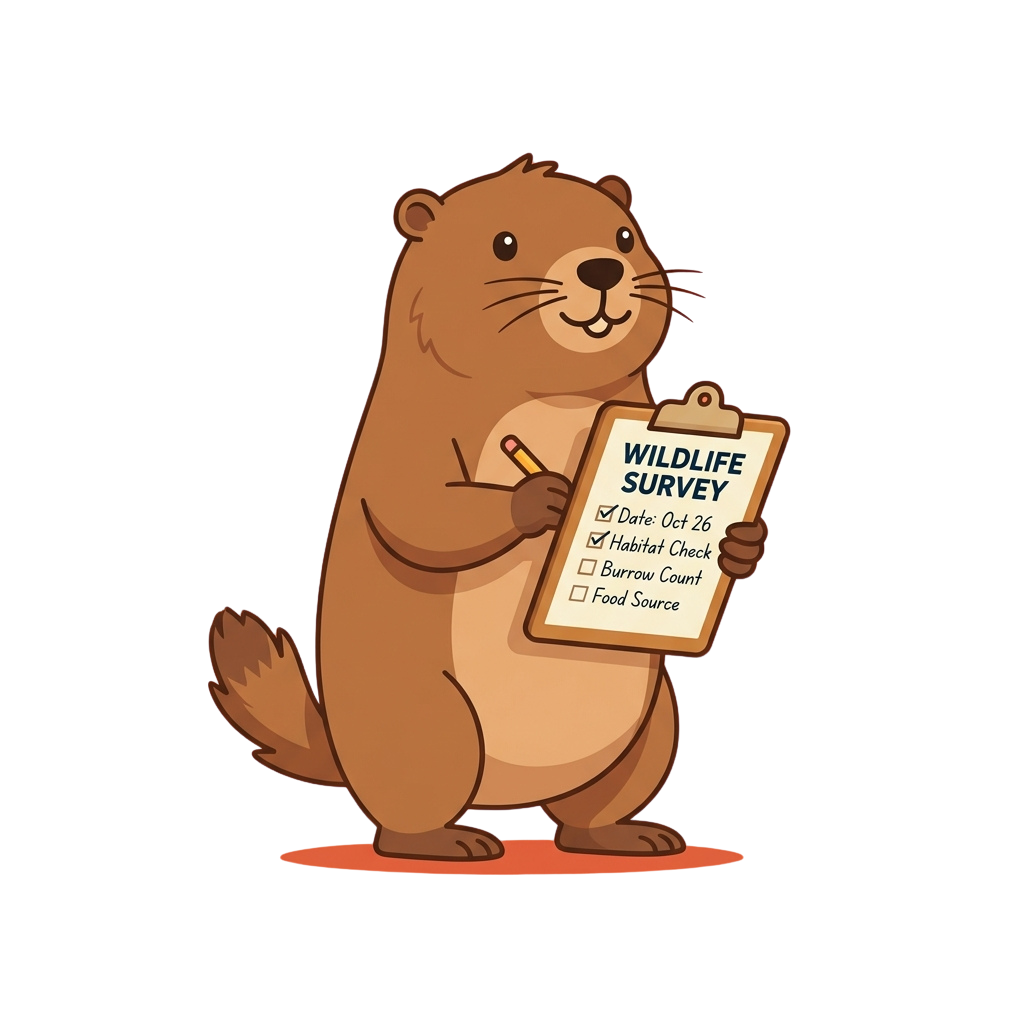 A smiling cartoon beaver holding a clipboard labeled Wildlife Survey with checked and unchecked boxes