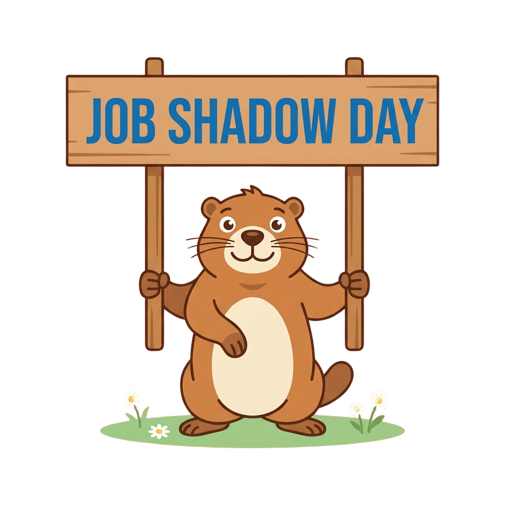 A cheerful cartoon animal holding a wooden sign that reads Job Shadow Day
