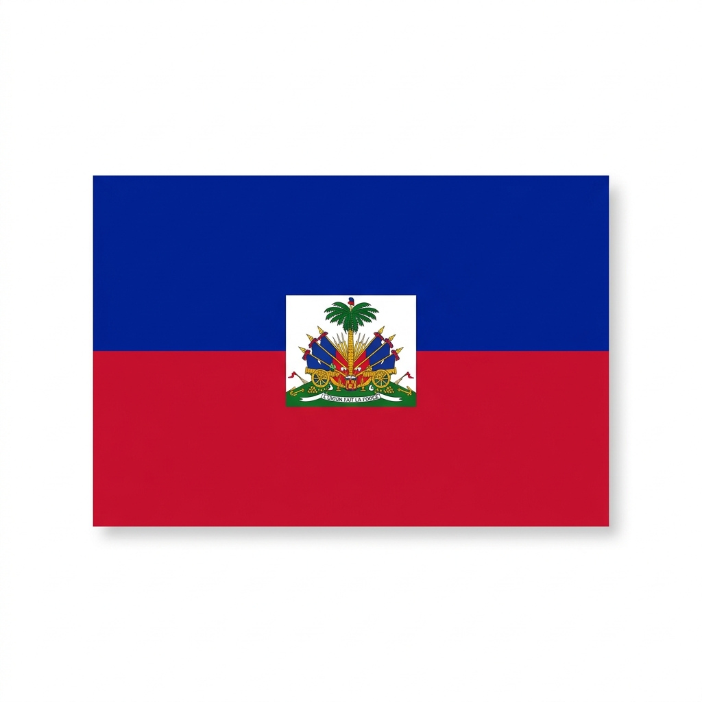 Flag of Haiti featuring blue and red stripes with a coat of arms in the center