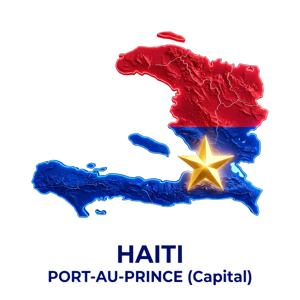 Illuminated map of Haiti highlighting the capital Port-au-Prince with a star and national colors red and blue