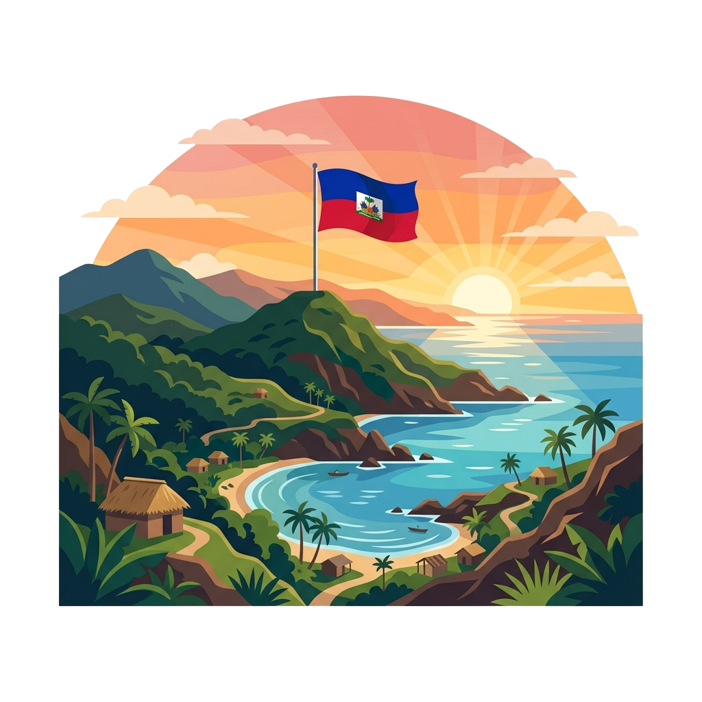 Illustration of Haiti flag atop a scenic tropical landscape with a sunset over the ocean and palm trees