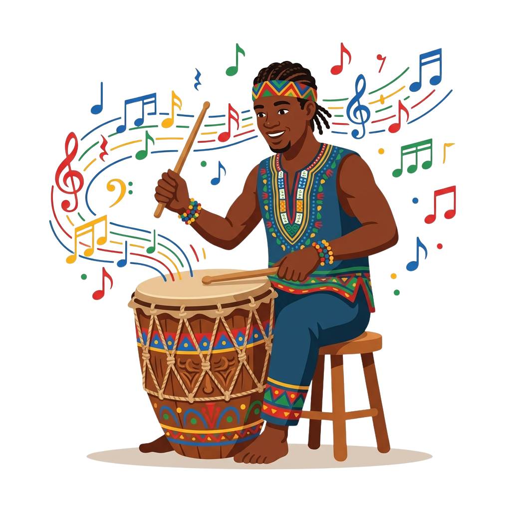 A person sitting and playing a decorated hand drum with a mallet, surrounded by colorful musical notes.
