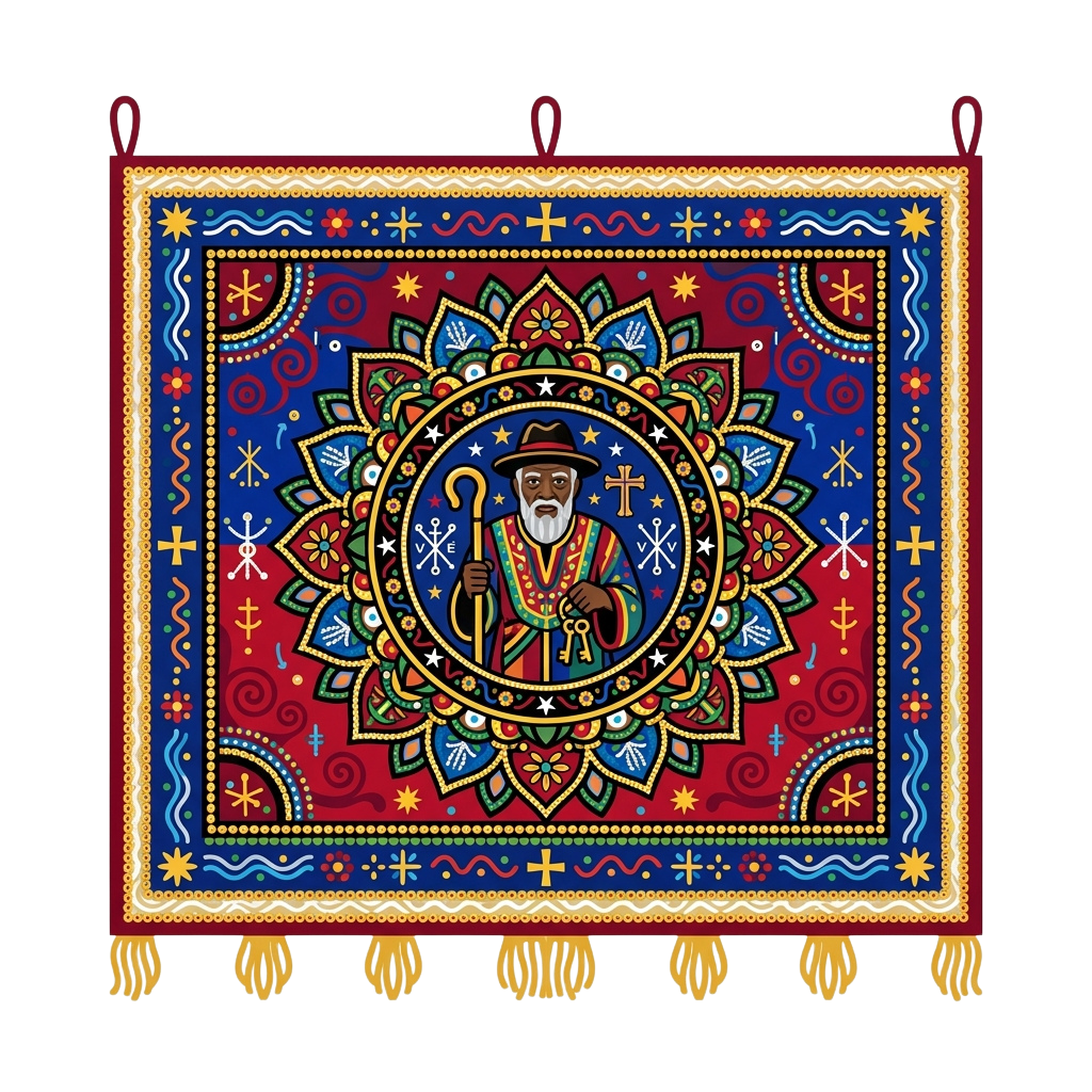 Colorful mandala rug featuring an elderly man with a staff, surrounded by intricate patterns and symbols
