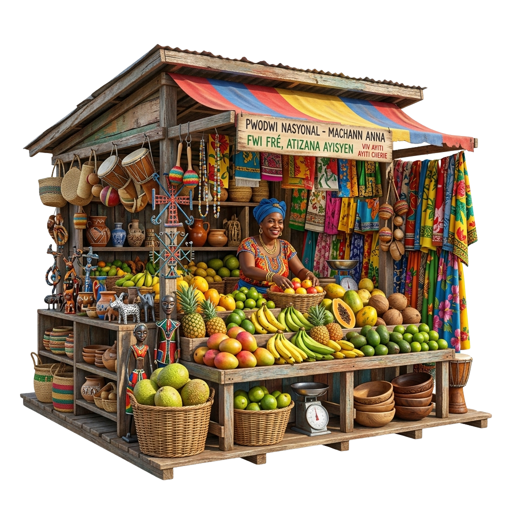 A vibrant market stall displaying fresh fruits, textiles, pottery, and musical instruments with a smiling vendor.