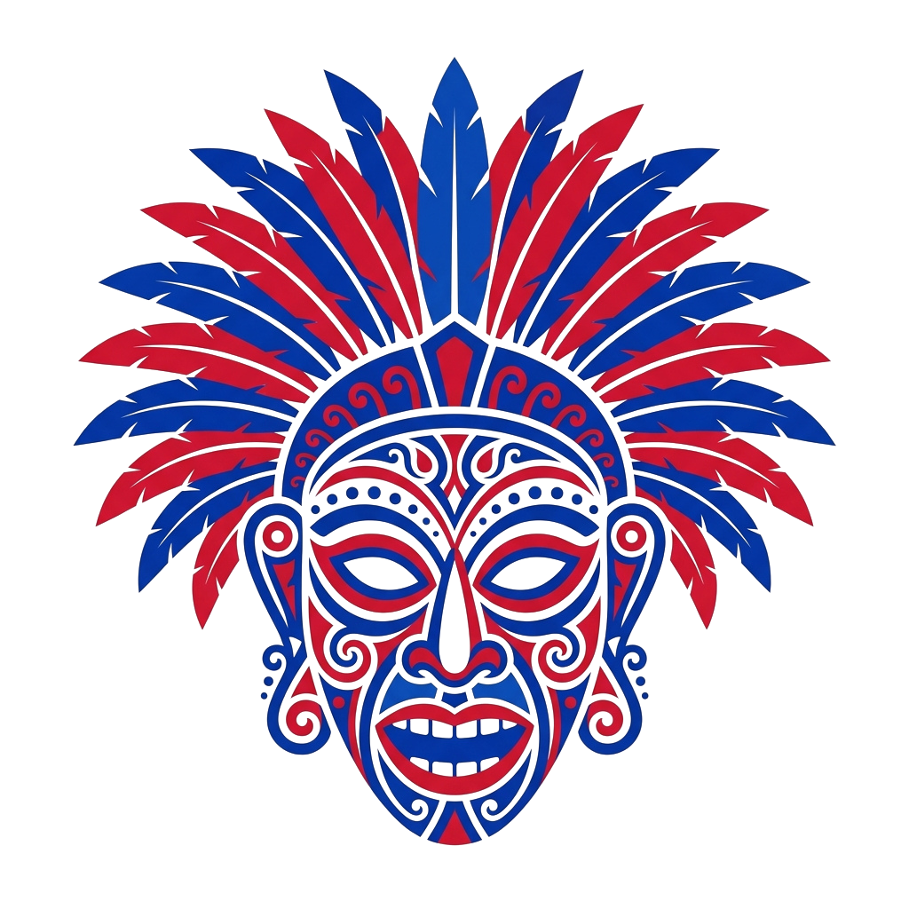 A stylized Aztec warrior mask with intricate patterns and red and blue feathers on the headdress