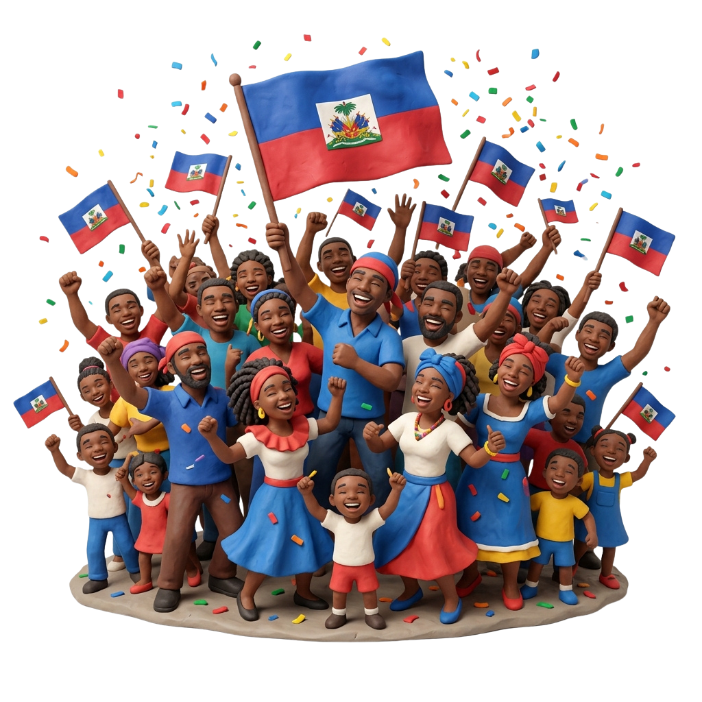 Group of diverse people joyfully holding Haitian flags and celebrating with confetti