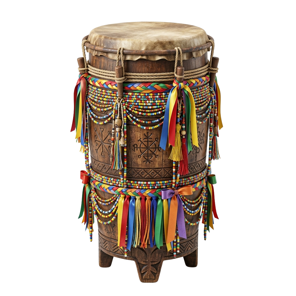 Decorative African drum adorned with intricate beadwork, tassels, and carved wooden designs.