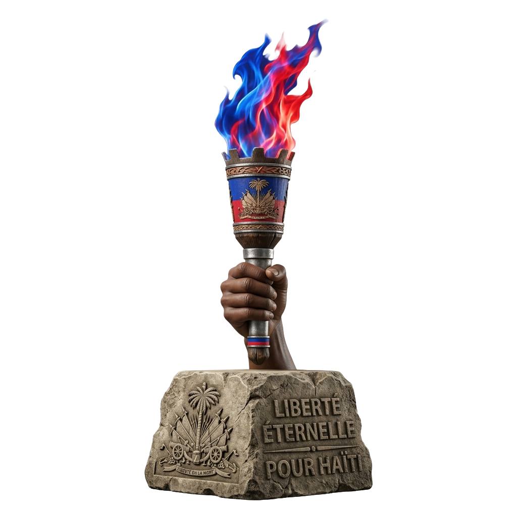 Hand holding a torch with Haitian flag colors and coat of arms, mounted on a stone base with Liberty Eternal inscription for Haiti