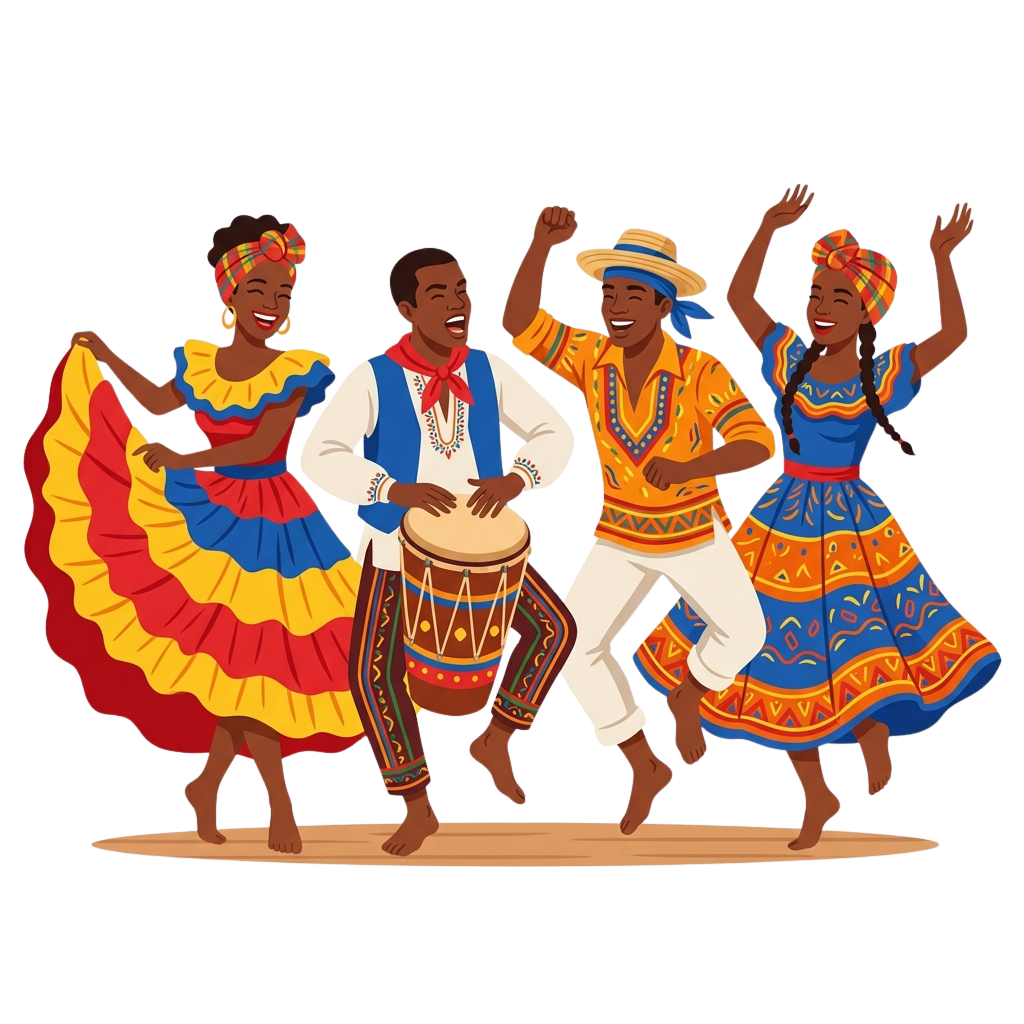 Four people dancing joyfully in colorful traditional clothing, with one playing a drum.