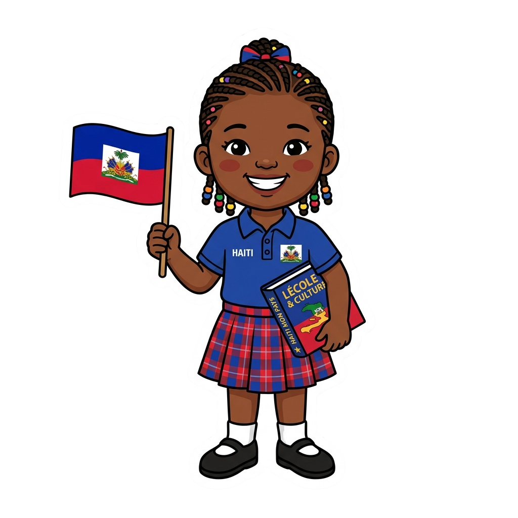 Cartoon illustration of a smiling schoolgirl in blue uniform holding Haitian flag and a book labeled École & Culture