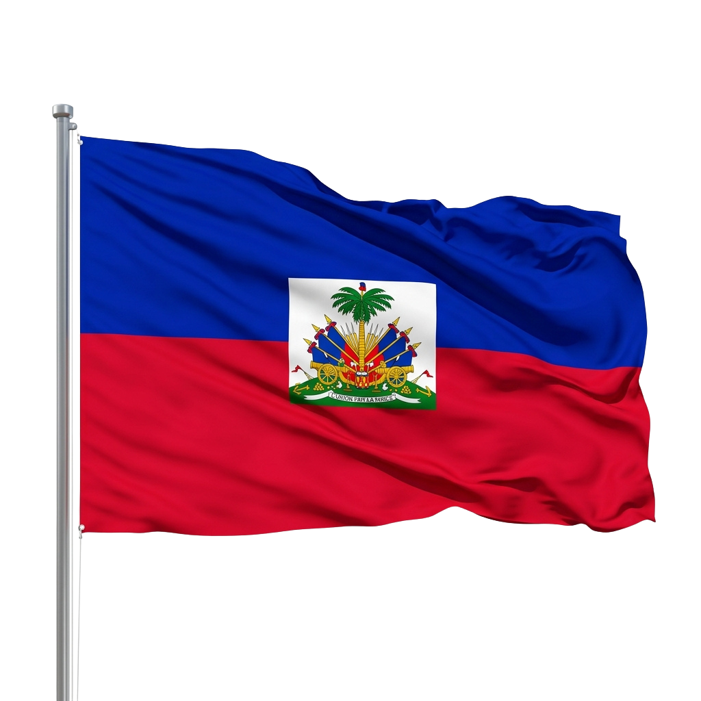 Flag of Haiti waving with blue and red horizontal stripes and a white coat of arms in the center