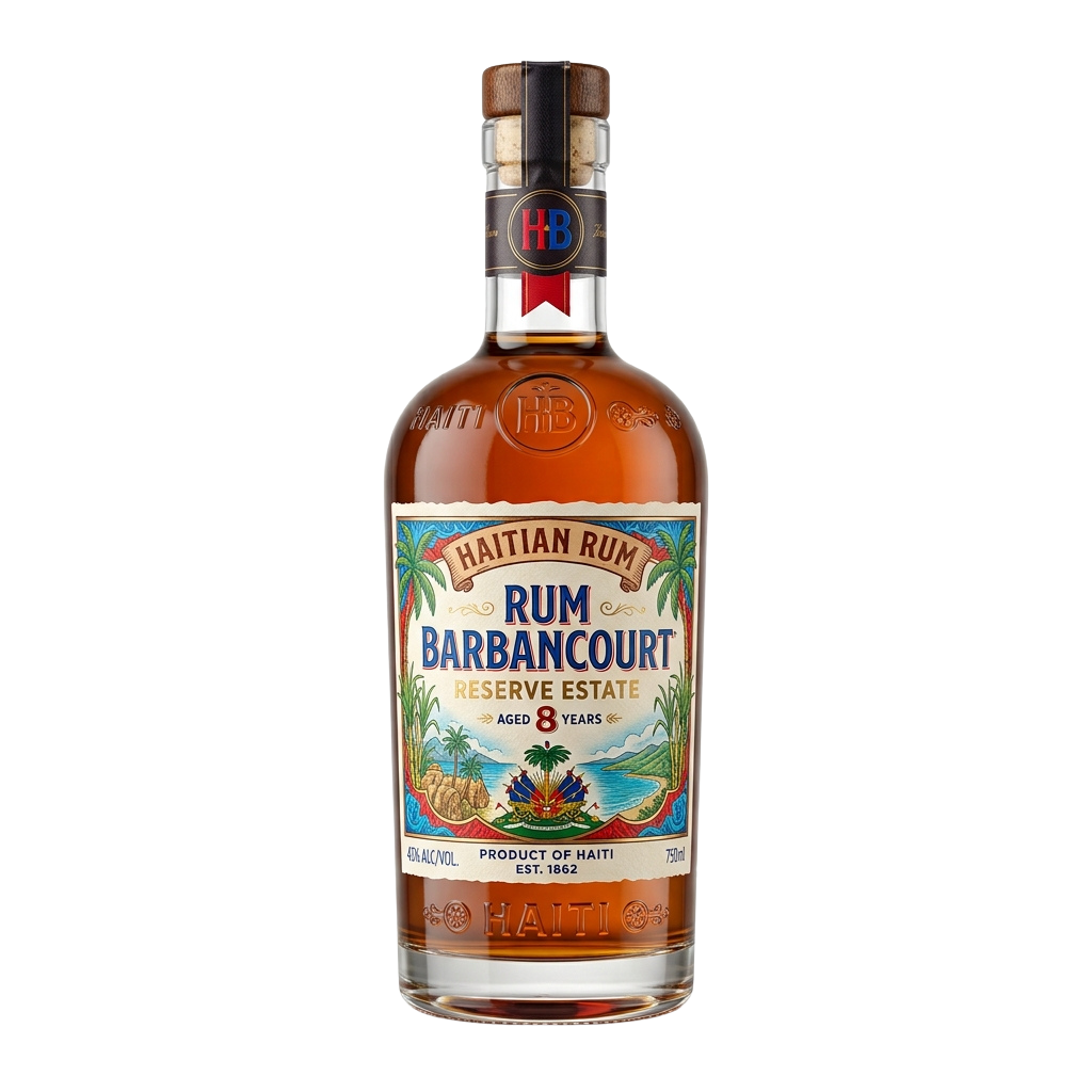 Bottle of aged rum labeled Haitian Rum Barbancourt Reserve Estate, 8 years aged, with a colorful tropical design