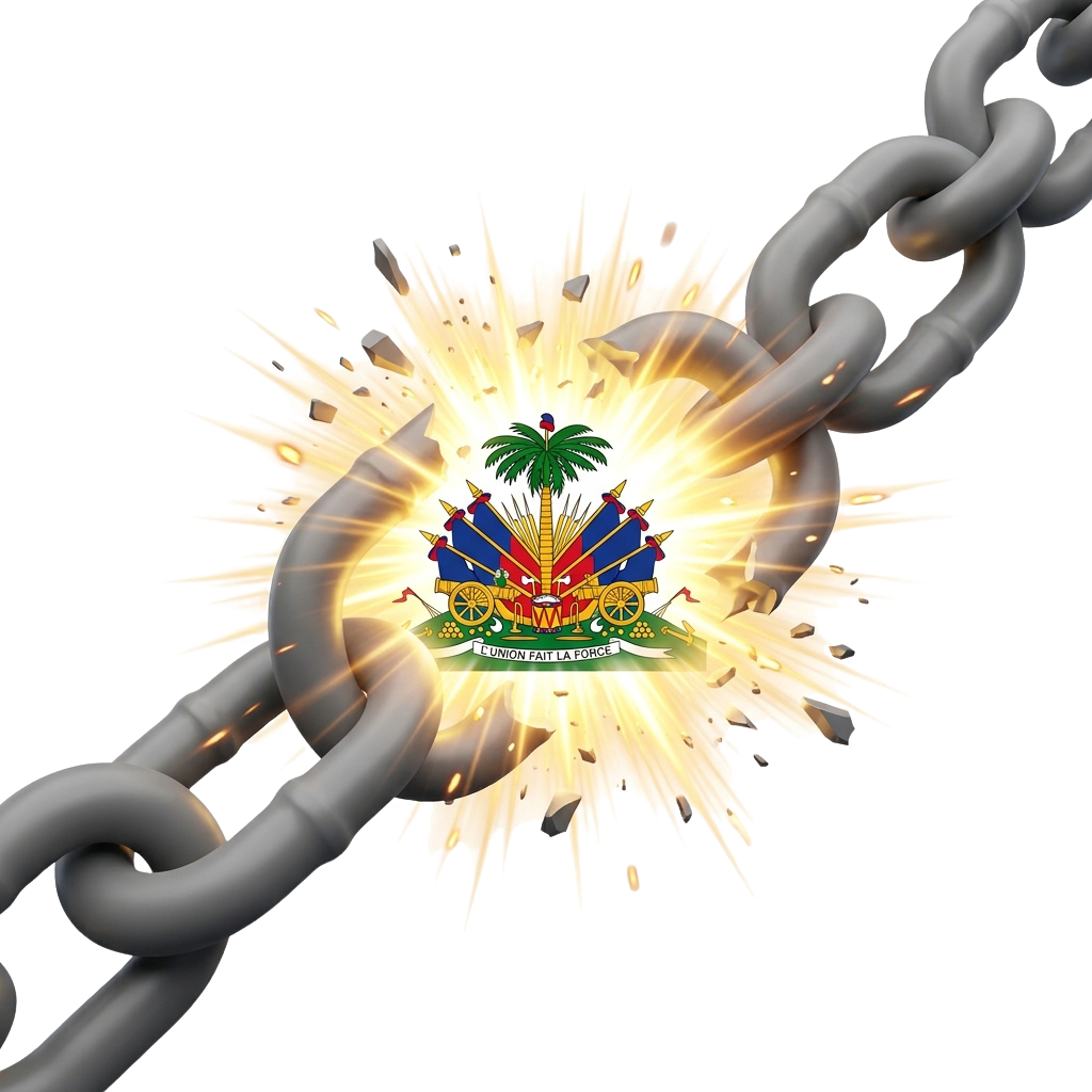 Haitian flag breaking through chains with an explosion effect against a black background