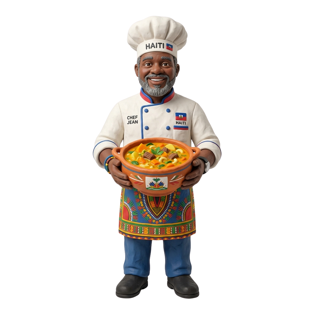Chef figure in Haitian attire holding a colorful stew in a clay pot