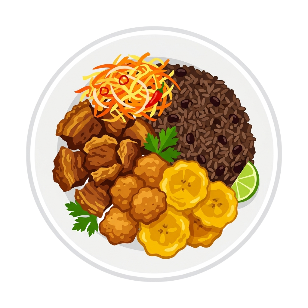A plate of fried chicken pieces, rice, sliced squash, shredded carrots, lime, and parsley garnish