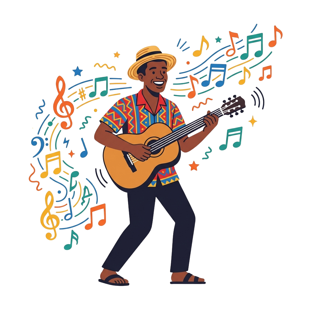 Illustration of a person wearing a hat and colorful shirt playing an acoustic guitar, surrounded by musical notes and symbols.