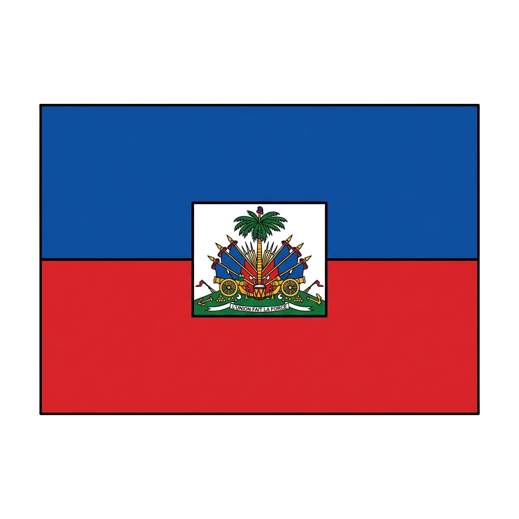 Flag of Haiti featuring blue and red horizontal stripes with the national coat of arms in the center