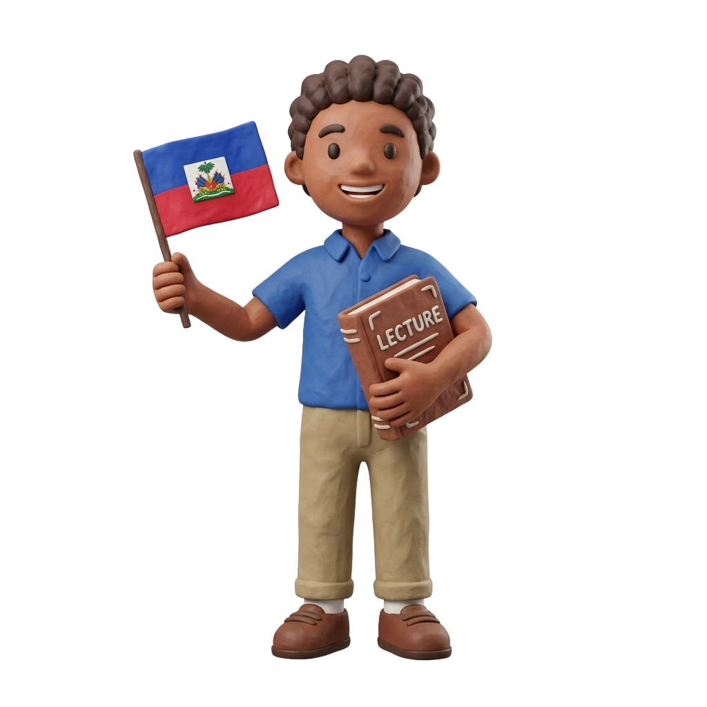 A smiling cartoon student holding a Haitian flag and a stack of books labeled Lecture