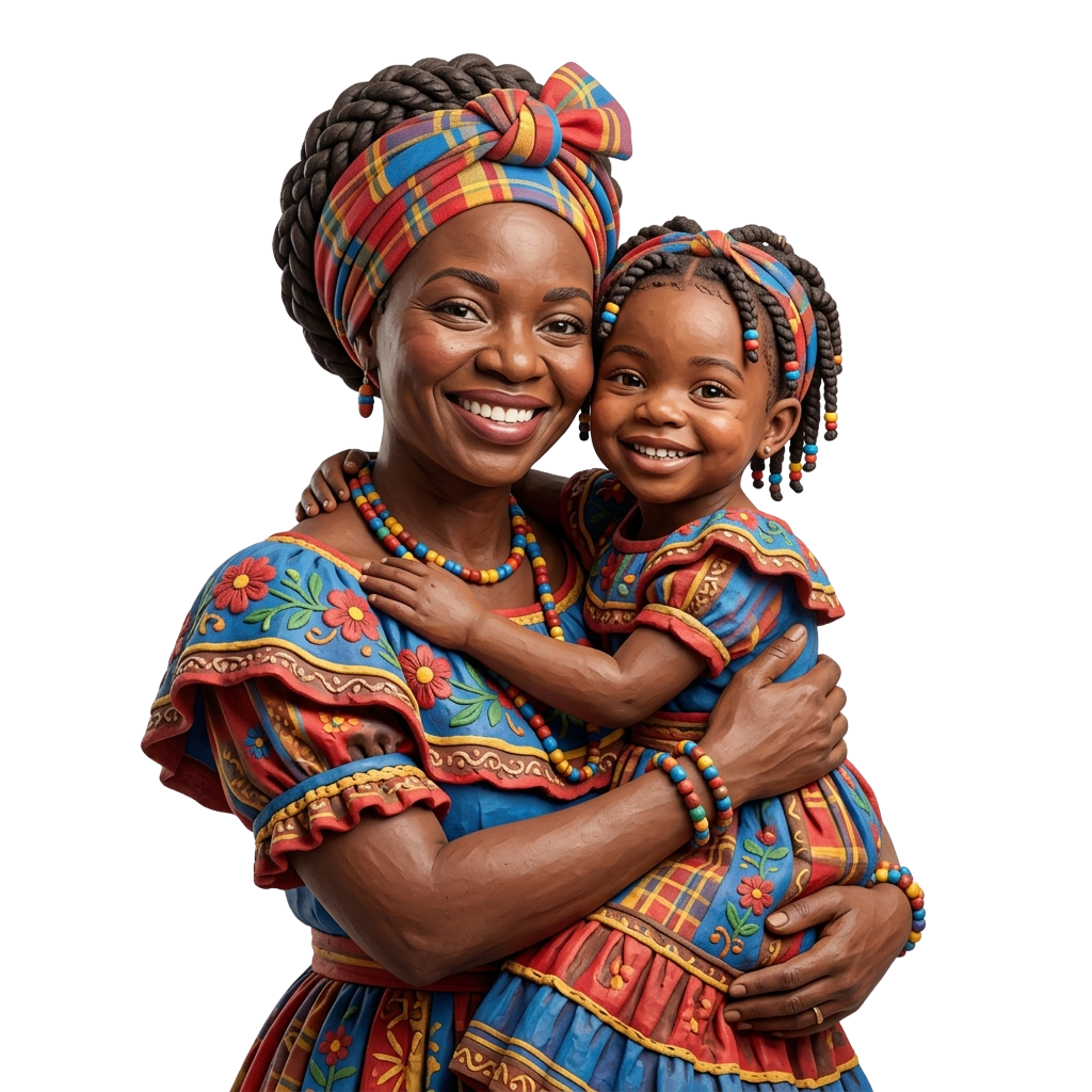 A woman and child smiling while embracing, both wearing colorful traditional patterned dresses and head wraps.